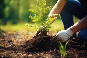 ai generado un jardinero con guantes es plantando plantas, joven árboles, plantando, verde plántulas, primavera jardín, soleado día foto