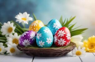 AI generated Easter, colorful painted eggs in a nest, eggs decorated with ornaments and a pattern of flowers, a wicker basket, spring flowers photo