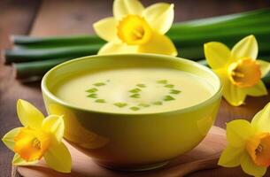 AI generated St. Davids Day, national Welsh cuisine, traditional onion soup Cawl Cennin, leek and yellow daffodil photo