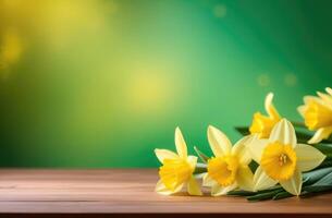 AI generated horizontal banner, St. Davids Day, international womens Day, mothers day, spring flowers, bouquet of yellow daffodils, green background, wooden table photo