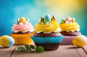AI generated Easter, Easter cupcakes decorated with cream and colorful eggs, traditional treats and sweets, homemade cakes photo