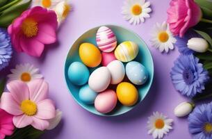 AI generated Easter, plate with colored eggs in the center, top view, purple background, spring flowers around, frame, delicate pastel shades photo