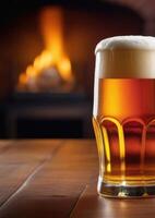 AI generated vertical banner, National beer day, glass of foamy beer on the table, cozy bar, fireplace photo