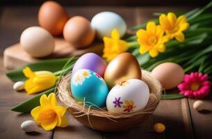 ai generado Pascua de Resurrección, un cesta con de colores huevos, un nido, tradicional trata y platos, primavera flores foto