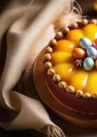 AI generated vertical postcard, Easter, Easter pastries, traditional Easter cake decorated with jam and colored eggs, top view photo