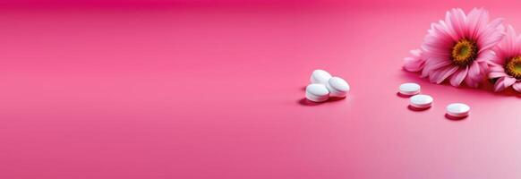 AI generated horizontal banner, World Health Day, pills and flowers on a pink background, medicines, place for text photo