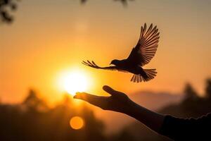 AI generated International Bird Day, memorial Day, a bird takes off from a hand, a pigeon in flight, sunset or dawn light photo