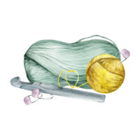 acquerello mano disegnato colorato filato palle con maglieria aghi, perni e gancio. verde e giallo matassa di filato, viola perni e metallo gancio per lana negozio etichetta, logo, Imballaggio design png