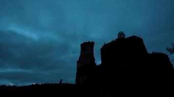 mystique silhouette de une temple ou Château contre le nuageux ciel et corbeaux en volant dans le ciel à nuit. vidéo. le gros vieux pierre Château sur le Roche video