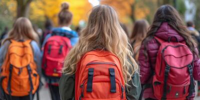 ai generado grupo de personas con mochilas caminando abajo urbano calle foto