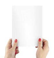 Woman hands holding blank paper sheet A4 size or letter paper photo