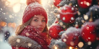 ai generado mujer vistiendo rojo Saco y rojo sombrero foto