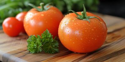 AI generated Close-Up of Fresh Tomatoes on Wood Cutting Board photo