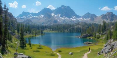 AI generated Majestic Lake Surrounded by Towering Mountains photo