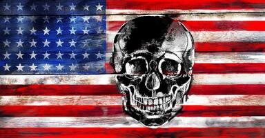 American flag with a human skull on a wood surface photo