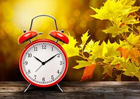 Vintage red alarm clock against the background of yellow autumn maple leaves photo