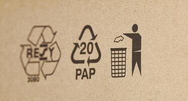 Closeup of a box made with recycled materials with RESY and recycling symbols photo