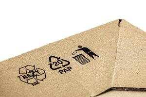 Closeup of a box made with recycled materials with RESY and recycling symbols photo