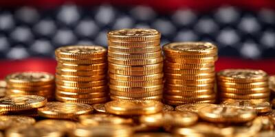 AI generated Stacks of Gold Coins Against the American Flag photo