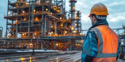 AI generated Worker Overlooking an Industrial Oil Refinery at Dusk photo