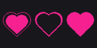 Set of different pixel art pink hearts in trendy retro style. Pixel icon, vector illustration isolated on black background. Vector 8-bit retro style illustration