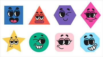 Set of various bright geometric figures with face emotions in groovy style. Cartoon facial expressions. Colorful set of avatar designs. Mouth and eyes of doodle characters. Set of different shapes. vector