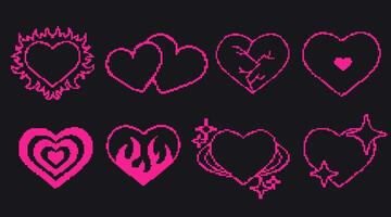 Set of different pixel art pink hearts in trendy retro style. Pixel icon, vector illustration isolated on black background. Vector 8-bit retro style illustration