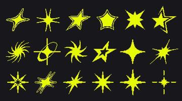 Set of pixel art star shapes in trendy retro style. Trendy Y2K vector signs for banners, social media, poster design. Brutalist geometric shapes. Retro futuristic icons in 8 bit style