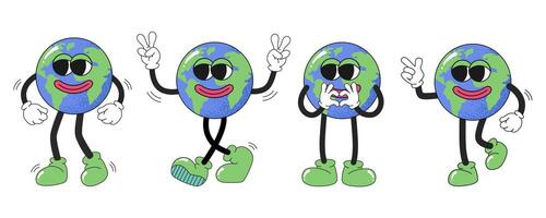 Earth characters in trendy retro cartoon style. Set of globe characters in groovy retro style. Funny vector mascot of planet Earth. Vector illustration isolated on white background.
