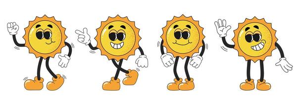 Sun characters in trendy retro cartoon style. Set of sun globe characters in groovy retro style. Funny vector mascot. Vector illustration isolated on white background. 1970s hippy character.