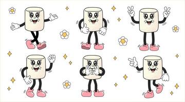 Marshmallow characters in trendy retro cartoon style. Set of marshmallow characters in groovy retro style. Funny vector mascot. Vector illustration isolated on white background. 1970s hippy character.