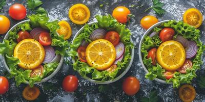 ai generado Tres bochas lleno con clasificado frutas y vegetales foto