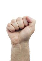 protester holding first up hand isolated on white background photo