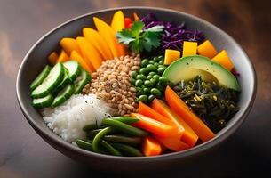 AI generated Vegetarian poke bowl, where edible seaweed takes center stage alongside a colorful array of vegetables, tofu, and other plant-based ingredients photo