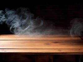 AI generated Empty old wooden table top on dark wall with smoke background photo