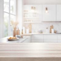 AI generated Wood table top on blurred kitchen background, Image ready for montage your text or product. photo