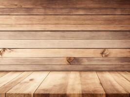 AI generated Empty wood table on wood wall panels background, Space available for displaying your products photo