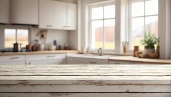 AI generated White rustic wooden table, looking out focussed on blurred kitchen window, White color kitchen for displaying product photo