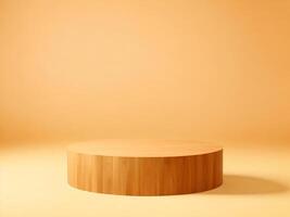 AI generated Round wooden podium on beige background for product presentation photo