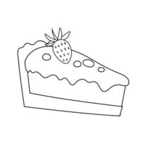 Slice of birthday cake with cream and berries, doodle black and white vector illustration of a piece of sweet treat.