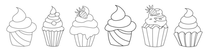 Set of cute doodle cakes, cupcakes in black and white, vector illustration, sweet table, cream muffins for holidays, birthday and weddings, decoration of holiday invitations.
