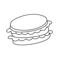 Dessert, biscuits, french macarons, sweet pastries with cream, trendy treats. Black and white doodle food illustration of sweets for holidays, birthdays, black line, isolated. vector