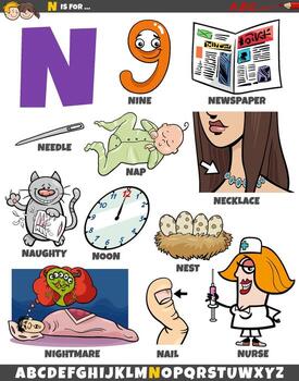 Letter N set with cartoon objects and characters vector