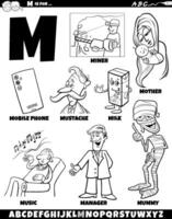 Letter M set with cartoon objects and characters coloring page vector