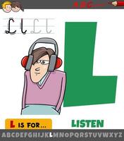 letra l desde alfabeto con dibujos animados ilustración de escucha palabra vector