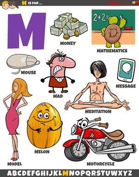 Letter M set with cartoon objects and characters vector