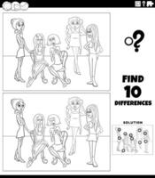 differences activity with cartoon young women coloring page vector