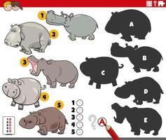 finding shadows activity with cartoon hippos animals vector