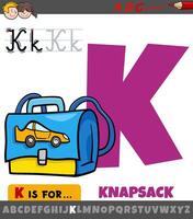 letter K from alphabet with cartoon knapsack object vector