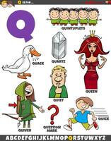 Letter Q set with cartoon objects and characters vector